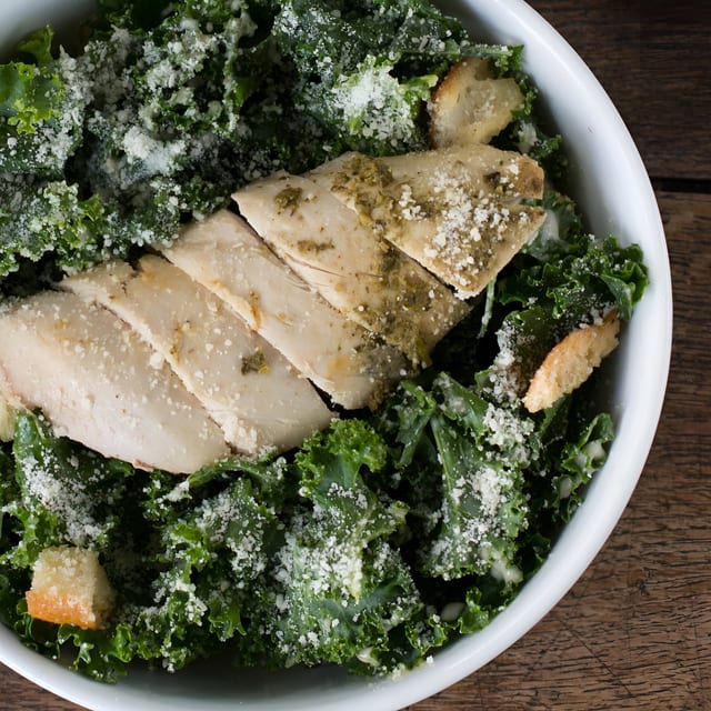 Kale Caesar Salad with Rotisserie Chicken.