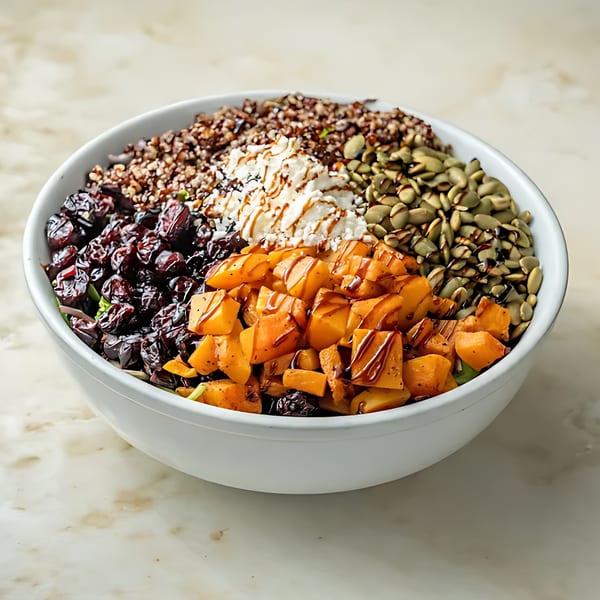 A white bowl filled with quinoa, dried cranberries, roasted sweet potatoes, feta cheese, and pumpkin seeds.