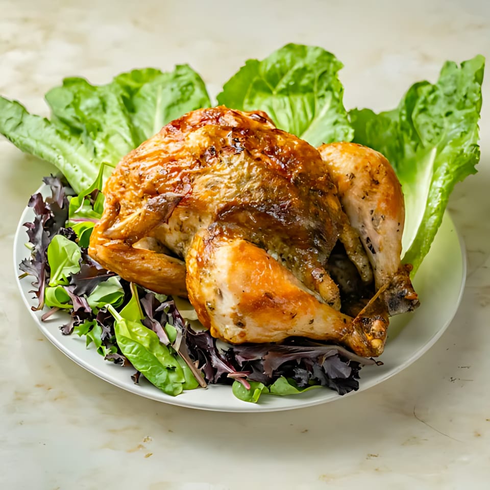 A whole roasted chicken with crispy skin, garnished with fresh green and red lettuce on a white plate.