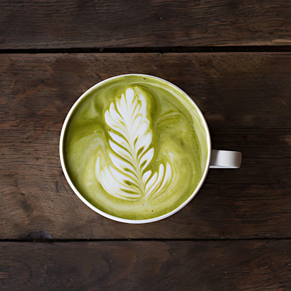 Overhead view of a green matcha latte with intricate white latte art on a dark wooden table.