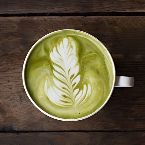 Overhead view of a vibrant green matcha latte with intricate white latte art on a wooden table.