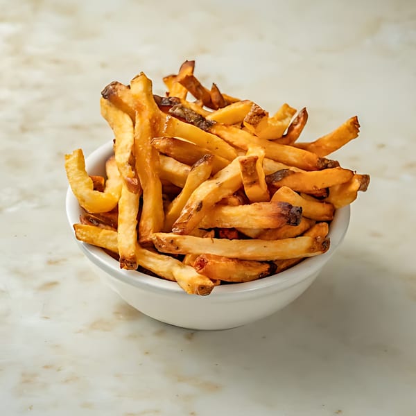 A white bowl filled with golden-brown, crispy french fries on a light marble surface.